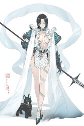  absurdres alternate_costume alternate_design black_choker black_dog black_footwear black_hair black_myth:_wukong blue_eyes blush breasts center_opening character_name character_request check_character check_copyright choker commentary copyright_request dishwasher1910 earrings erlang_(black_myth:_wukong) female full_body gauntlets genderswap_(mtf) high_heels highres holding holding_polearm holding_weapon jewelry large_breasts linea_alba looking_at_viewer medium_hair mole_beside_mouth multicolored_hair navel polearm rule_63 signature solo spear streaked_hair third_eye weapon white_background 