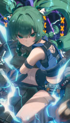  absurdres back_cutout bare_shoulders black_gloves black_shorts blue_vest braid clothing_cutout commentary electricity female fingerless_gloves gloves green_eyes green_hair hair_between_eyes hair_intakes highres holding long_hair looking_at_viewer mechanical_legs median_furrow midriff parted_lips police police_uniform policewoman qingyi_(zenless_zone_zero) rega shorts sidelocks solo squatting thighs twintails uniform v-shaped_eyebrows very_long_hair vest zenless_zone_zero 