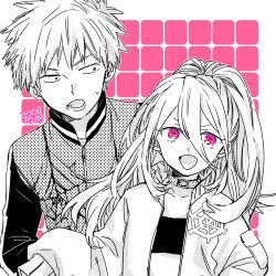  1boy :d belt_collar brother_and_sister collar crop_top dated female hinata_(ryohinata) jacket kemono_jihen open_clothes open_jacket open_mouth oversized_jacket pink_background pink_eyes red_eyes siblings smile spider_web_print sweatdrop tademaru_aya tademaru_shiki upper_body zipper 