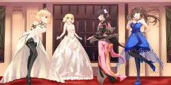  4girls absurdres aozaki_aoko arcueid_brunestud artoria_pendragon_(fate) black_eyes black_hair black_pantyhose blonde_hair blue_dress blue_eyes blue_footwear brown_hair closed_mouth commentary_request crossover dress elbow_gloves fate/grand_order fate/stay_night fate_(series) full_body gloves green_eyes grey_gloves high_heels highres in-franchise_crossover indoors japanese_clothes kara_no_kyoukai kimono long_hair long_sleeves looking_at_viewer mahou_tsukai_no_yoru multiple_crossover multiple_girls open_mouth pantyhose pink_kimono red_eyes ryougi_shiki saber_(fate) smile standing standing_on_one_leg teeth texnmjgf tsukihime white_dress white_gloves 