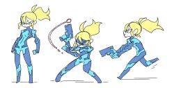  blonde_hair blue_bodysuit bodysuit commentary drooling_demon energy_ball english_commentary female frown full_body gun handgun highres holding holding_gun holding_weapon long_hair looking_at_viewer metroid multiple_views ponytail running samus_aran simple_background standing weapon white_background zero_suit 