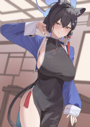  absurdres bare_shoulders black_dress black_hair blue_archive blush breasts brown_eyes china_dress chinese_clothes dress extra_ears female grey_jacket hair_bun halo highres jacket jacket_on_shoulders kaguya_(blue_archive) large_breasts looking_at_viewer panther_ears panther_girl panther_tail ref_(pmxt4483) short_hair sideboob single_hair_bun solo tassel 