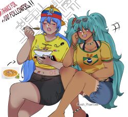  2girls anklet aqua_eyes aqua_hair bead_choker belly_chain black_skirt blue_hair bowl bracelet brazil brazilian_flag brazilian_flag_print brazilian_miku closed_eyes ecuador ecuadorian_flag_print eyewear_on_head feet_out_of_frame food grey-framed_eyewear hatsune_miku highres holding holding_bowl holding_spoon jewelry leah_phamtomm long_hair multiple_bracelets multiple_girls print_headwear print_shirt rectangular_earrings shirt short_sleeves shorts_tan skirt soup spoon sunglasses tan tanlines twintails very_long_hair vocaloid yellow_shirt 