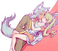  1boy animal_ears blue_dress blue_eyes blue_hair breasts cleavage commentary_request dark-skinned_male dark_skin dress dutch_angle egyptian_clothes female flying_sweatdrops fox_boy fox_ears frey_(rune_factory) gold_trim green_eyes green_hair hair_between_eyes hair_ribbon highres hug korean_commentary leon_(rune_factory) licking licking_another&#039;s_face long_hair looking_at_another lying on_back on_side open_mouth ribbon rune_factory rune_factory_4 straight tb_(spr1110) tongue tongue_out twintails 