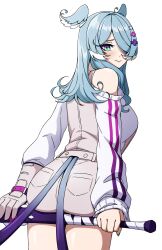  :&gt; absurdres ahoge aqua_eyes aqua_nails ass baseball_bat blue_hair blush breasts daydarion diamond-shaped_pupils diamond_(shape) dot_nose elira_pendora english_commentary female from_behind gloves head_wings highres holding holding_baseball_bat large_breasts long_hair long_sleeves looking_at_viewer looking_back low_wings nijisanji nijisanji_en off_shoulder simple_background single_glove sleeves_past_wrists solo symbol-shaped_pupils thighs virtual_youtuber white_background wings 