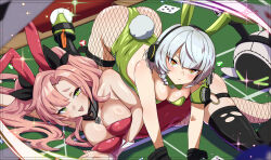  2girls absurdres alternate_costume anby_demara animal_ears ass bangboo_(zenless_zone_zero) blush braid breasts brown_hair card cleavage closed_mouth fake_animal_ears fishnet_pantyhose fishnet_thighhighs fishnets green_eyes green_leotard highres large_breasts leotard long_hair multiple_girls nicole_demara open_mouth pantyhose pink_hair pink_leotard playboy_bunny rabbit_ears rabbit_tail short_hair side_braid sidelocks sparkle tail teeth thighhighs thighs white_hair yamada_otonari zenless_zone_zero 