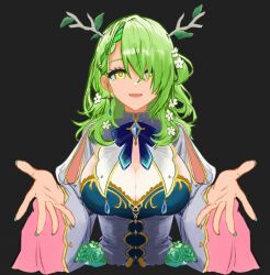  absurdres antlers bandal765 black_background braid breasts ceres_fauna cleavage cropped_torso dress english_commentary female green_hair hair_over_one_eye highres hololive hololive_english horns large_breasts long_hair looking_at_viewer open_mouth reaching reaching_towards_viewer simple_background smile solo upper_body very_long_hair virtual_youtuber white_dress wide_sleeves yellow_eyes 