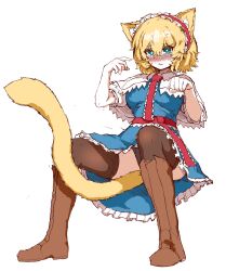  alice_margatroid animal_ears black_leggings blonde_hair blue_dress blue_eyes blush boots brown_footwear capelet cat_ears cat_tail crying crying_with_eyes_open dress frilled_capelet frilled_dress frilled_hairband frills hairband highres leggings puffy_short_sleeves puffy_sleeves rampa93 red_ribbon ribbon short_hair short_sleeves simple_background tail tears thighhighs touhou white_background 