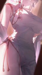  absurdres armpit_crease blue_archive blurry blurry_background blush breasts china_dress chinese_clothes commentary_request cropped_head detached_sleeves dress female halo highres large_breasts light_particles no_panties official_alternate_costume official_alternate_hairstyle pink_hair pink_halo side_slit sideboob solo sushispin thighs tomoe_(blue_archive) tomoe_(qipao)_(blue_archive) white_dress 