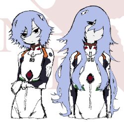  2girls ayanami_rei blue_hair bodysuit evangelion:_3.0+1.0_thrice_upon_a_time hair_between_eyes hair_over_one_eye interface_headset long_hair looking_at_viewer multiple_girls neon_genesis_evangelion nerv oekaki official_alternate_hair_length official_alternate_hairstyle pilot_suit plugsuit rebuild_of_evangelion short_hair standing stickitickit tsurime very_long_hair white_bodysuit 