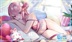  blue_sodaart bra commission earrings female hair_between_eyes highres jewelry lips long_hair midriff navel original panties pillow pink_bra pink_hair pink_panties smile solo stomach underwear 