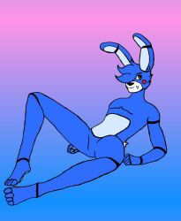  4_toes animatronic anthro blue_hair codex_the_creator digital_drawing_(artwork) digital_media_(artwork) feet five_nights_at_freddy&#039;s five_nights_at_freddy&#039;s_2 freddy_fazbear&#039;s_pizzeria_simulator gradient_background hair hair_over_eye lagomorph leporid looking_at_viewer machine male mammal rabbit robot scottgames simple_background skinny_male smile solo solo_focus tail toes toy_bonnie_(fnaf) 