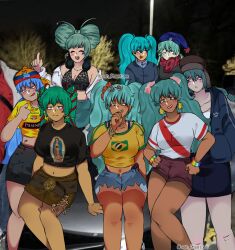  6+girls aqua_hair aqua_skirt backwards_hat belt black_shirt black_skirt blue_hair blue_hat blue_shorts blush brazil brazilian_flag brazilian_flag_print brazilian_miku breasts brown_shorts brown_skirt cleavage closed_eyes collared_shirt earrings ecuador ecuadorian_flag_print exposed_pocket feet_out_of_frame green_hair hat hatsune_miku highres index_finger_raised jewelry leah_phamtomm long_sleeves looking_at_viewer mexico midriff multiple_girls navel night open_clothes open_mouth open_shirt outdoors parted_lips peru peruvian_miku print_headwear print_shirt red_scarf scarf shirt short_sleeves shorts skirt smile twintails vocaloid white_shirt yellow_shirt 