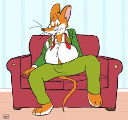  2024 3_toes ambergate anthro belly big_belly biped bottomwear brown_nose clothed clothing digital_media_(artwork) dress_shirt eyewear feet fur geronimo_stilton geronimo_stilton_(series) glasses green_bottomwear green_clothing green_pants looking_down male mammal mouse multicolored_body multicolored_fur murid murine necktie orange_body orange_fur overweight overweight_anthro overweight_male pants red_necktie rodent shirt sitting solo toes topwear two_tone_body two_tone_fur whiskers white_body white_dress_shirt white_fur 