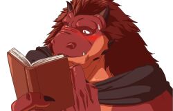  2_horns anthro blush bodily_fluids book fangs horn lizardfolk_(lustful_desires) lizardman lustful_desires male reading reading_book roushk_(lustful_desires) scalie solo stangun sweat sweatdrop teeth 