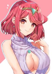  alternate_costume areola_slip bare_shoulders bob_cut breasts chest_jewel cleavage_cutout closed_mouth clothing_cutout commentary_request earrings edamameoka female highres jewelry large_breasts looking_at_viewer pyra_(xenoblade) red_eyes red_hair ribbed_sweater short_hair sleeveless sleeveless_sweater smile solo sweater swept_bangs teeth tiara turtleneck turtleneck_sweater upper_teeth_only xenoblade_chronicles_(series) xenoblade_chronicles_2 