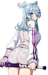  :&gt; absurdres ahoge aqua_eyes aqua_nails ass baseball_bat blue_hair blush breasts daydarion diamond-shaped_pupils diamond_(shape) dot_nose elira_pendora english_commentary female from_behind gloves head_wings highres holding holding_baseball_bat large_breasts long_hair long_sleeves looking_at_viewer looking_back nijisanji nijisanji_en off_shoulder simple_background single_glove sleeves_past_wrists solo symbol-shaped_pupils thighs virtual_youtuber white_background wings 