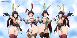  absurdres animal_ears armor armpits artist_name ass-to-ass bell black_gloves black_hair blunt_bangs breasts brown_hair detached_collar earrings elbow_gloves embarrassed fake_animal_ears fake_tail fewer_digits fiorayne_(monster_hunter) gauntlets gloves hair_bell hair_ornament heart heart_hands heart_hands_duo highleg highleg_leotard highres hinoa holding_hands jewelry jingle_bell leotard minoto monster_hunter_(series) monster_hunter_rise partially_fingerless_gloves pauldrons playboy_bunny pointy_ears puckered_lips purple_eyes rabbit_ears rabbit_tail revealing_clothes rondine shoulder_armor sideboob sideless_dress single_pauldron skindentation smile tail thighhighs yamanata yellow_eyes 