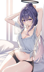  absurdres armpits bed_sheet black_shorts blue_archive breasts cleavage closed_mouth collarbone commentary_request female groin hair_between_eyes hair_tie hair_tie_in_mouth halo highres long_hair looking_at_viewer medium_breasts mouth_hold navel pillow purple_eyes purple_hair see-through_silhouette shirt shorts sob_(submar1089) solo tied_shirt very_long_hair white_shirt window yuuka_(blue_archive) 