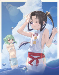  2boys :d absurdres armpit_crease bandaid bandaids_on_nipples black_hair blue_skirt blue_sky blurry border bow cloud crossdressing curled_fingers depth_of_field dripping floating_hair green_hair groin hair_intakes half_updo hands_up highres holding holding_water_gun houjou_tokiyuki_(nige_jouzu_no_wakagimi) japanese_clothes lens_flare light_particles long_hair looking_at_another low-cut_armhole low-tied_long_hair male_focus motoyui multiple_boys naked_tabard navel nige_jouzu_no_wakagimi ocean one_eye_closed otoko_no_ko otori-tan outside_border parted_bangs partially_submerged pasties pelvic_curtain ponytail purple_eyes red_eyes red_sash ribs sash seitokai_nimo_anawa_aru! side_slit sidelocks sidelocks_tied_back skirt sky smile stomach tabard topless_male v-shaped_eyebrows very_long_hair water_drop water_gun yellow_border yicheen 