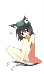  adapted_costume animal_ears annoyed bare_arms bare_legs bare_shoulders barefoot between_legs blush_stickers brown_eyes brown_hair cat_ears cat_tail chen female forked_tail full_body hand_between_legs hat highres jitome knees_up looking_at_viewer mob_cap multiple_tails nekomata open_mouth ro_74 simple_background sitting solo tail touhou v-shaped_eyebrows v_arms white_background 