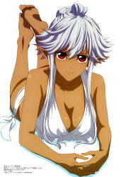  absurdres bare_shoulders bikini breasts cleavage dark_elf elf female hair_bun highres long_hair looking_at_viewer lying magazine_scan megami_magazine official_art on_stomach pointy_ears reanette_elfelt red_eyes scan shinmai_ossan_bokensha simple_background smile soles swimsuit white_background white_bikini white_hair 