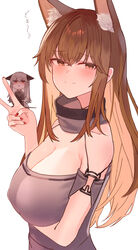  2girls absurdres animal_ear_fluff animal_ears arknights bare_shoulders breasts brown_eyes brown_hair chibi cleavage collar commentary_request cosplay costume_switch fox_ears franka_(arknights) franka_(arknights)_(cosplay) frostleaf_(arknights) frostleaf_(arknights)_(cosplay) grey_collar grey_hair grey_shirt hand_up highres large_breasts long_hair looking_at_viewer multiple_girls nail_polish off-shoulder_shirt off_shoulder red_nails shirt short_sleeves simple_background smile suzubotan upper_body v very_long_hair white_background 