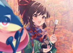  :d alternate_costume asuka_(senran_kagura) autumn autumn_leaves black_hair black_shirt blue_scarf blush breasts brown_eyes buttons camping casual crossover female fire food forest gogat8 green_jacket greninja hair_ornament hair_ribbon hairclip holding holding_food holding_stick jacket large_breasts long_sleeves long_tongue looking_at_viewer marshmallow nature open_mouth outdoors plaid plaid_scarf plant pokemon pokemon_(creature) ponytail red_eyes red_ribbon red_scarf ribbed_shirt ribbon roasted_marshmallow scarf senran_kagura senran_kagura_shoujo-tachi_no_shin&#039;ei shirt short_hair smile sparks stick swept_bangs tongue tongue_scarf tree two-tone_scarf webbed_hands 