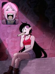  2girls adventure_time bite_mark black_hair blush colored_skin crossed_legs crying english_commentary fan_screaming_at_madison_beer_(meme) feet_out_of_frame fishnet_pantyhose fishnets grey_skin highres holding holding_microphone inset long_hair marceline_abadeer meme microphone multiple_girls official_alternate_costume official_alternate_hairstyle omy-chan open_mouth pantyhose pink_hair pink_skin pointy_ears princess_bonnibel_bubblegum screaming shorts sitting streaming_tears tears torn_clothes torn_pantyhose vampire very_long_hair 