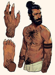  1boy abs adoptable bara beard concept_art facial_hair foot_hair full_beard hair_bun hairy hand_hair highres knuckle_hair looking_to_the_side male_focus mature_male monster_boy moustache navel navel_hair nipples original pointy_ears roamingthrough1 sharp_toenails short_hair single_hair_bun standing stomach thick_arm_hair thick_beard thick_chest_hair thick_eyebrows thick_mustache thick_navel_hair toenails topless_male tsurime very_hairy werewolf 