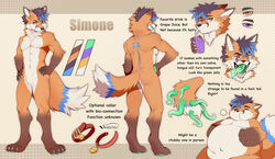  anthro canid canine collar drinking english_text fox grape_juice green_pawpads green_tentacles green_tongue hi_res juice_(beverage) male mammal model_sheet neck_belt orange_body orange_eyes pawpads purple_eyes reddog0701 simone_parker solo tentacle text tongue 