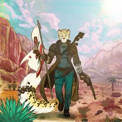  1:1 absurd_res anthro cheetah desert fallout felid feline flag gun handgun hi_res male mammal microsoft ncr_(fallout) ncr_ranger_(fallout) new_vegas ranged_weapon revolver rifle sakary_yoliztli selreini_(character) sniper_rifle solo weapon 