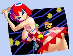  4girls absurdres animal_ears arms_up ass blinky_(pac-man) blue_bra blue_eyes blue_hair blue_panties bra breasts clyde_(pac-man) commentary dancing_eyes dress fake_animal_ears fake_tail fox_ears fox_tail highres inky_(pac-man) large_breasts leotard long_hair minuspal mouse_ears mouse_tail multiple_girls open_mouth orange_hair pac-man pac-man_(game) panties pink_hair pink_leotard pinky_(pac-man) playboy_bunny red_dress red_hair standing tail underwear 