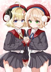  2girls absurdres ahoge animal_ears beret blonde_hair blue_eyes blush closed_mouth commentary_request cosplay cowboy_shot curled_horns green_eyes hair_ornament hair_rings hat highres holding_hands hololive horns indie_virtual_youtuber inokeiwd jacket long_sleeves looking_at_viewer miniskirt multiple_girls pleated_skirt pom_pom_(clothes) pom_pom_hair_ornament red_hat red_sailor_collar sailor_collar sheep_ears sheep_girl sheep_horns shigure_ui_(vtuber) shigure_ui_(vtuber)_(1st_costume) shigure_ui_(vtuber)_(cosplay) shirt short_hair skirt smile striped_clothes striped_jacket striped_skirt tsunomaki_watame vertical-striped_clothes vertical-striped_jacket vertical-striped_skirt virtual_youtuber white_shirt 