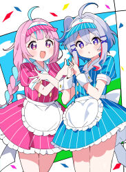  +_+ 2girls :o absurdres ahoge amane_kanata anchor_symbol apron blue_dress blue_hair blush braid colored_inner_hair commentary_request cowboy_shot dress frilled_apron frills grey_hair hair_ornament highres hololive hutaba_haru long_hair looking_at_viewer medium_hair mesmerizer_(vocaloid) minato_aqua multicolored_hair multiple_girls open_mouth own_hands_together pink_dress pink_eyes pink_hair puffy_short_sleeves puffy_sleeves purple_eyes short_sleeves smile streaked_hair twin_braids twintails two-tone_hair virtual_youtuber visor_cap white_apron white_wrist_cuffs wrist_cuffs x_arms x_hair_ornament 