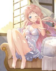  armchair atelier_(series) atelier_meruru atelier_questboard bare_shoulders barefoot blonde_hair blue_eyes breasts chair cleavage commentary_request curtains dress female frilled_dress frills full_body indoors knees_up long_hair looking_at_viewer merurulince_rede_arls official_art one_eye_closed open_mouth open_window pillow pink_ribbon ribbon rubbing_eyes second-party_source short_dress sitting sleepy solo strap_slip white_dress wind window 