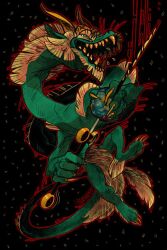  0ct0m0n0 abstract_background anthro claws dragon green_body hi_res holding_melee_weapon holding_object holding_sword holding_weapon horn long_neck male melee_weapon mythological_creature mythological_scalie mythology open_mouth scalie semi-anthro solo sword teeth weapon yellow_claws yellow_horn yellow_teeth 