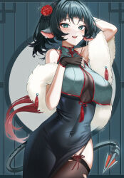  alternate_costume animal_ears arm_behind_head arm_up black_garter_straps black_gloves black_hair black_thighhighs blunt_bangs blush breast_curtains breasts china_dress chinese_clothes covered_navel dress ear_piercing feather_boa female fingerless_gloves fingernails flower garter_straps gloves green_eyes green_hair hair_flower hair_ornament highres jane_doe_(zenless_zone_zero) large_breasts long_hair long_tail looking_at_viewer low_ponytail mouse_ears mouse_girl mouse_tail multicolored_hair nail_polish open_mouth piercing red_hair red_nails sharp_tail side_slit sidelocks sleeveless sleeveless_dress smile solo tail teeth thighhighs tight_clothes tight_dress torn_clothes torn_thighhighs two-tone_hair upper_teeth_only wol_(wol_927) zenless_zone_zero 