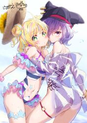  2girls ahoge arched_back arm_behind_back backless_swimsuit bare_back bare_shoulders black_hat blonde_hair blush bow bracelet breasts clothing_cutout cowboy_shot criss-cross_halter day double_bun feet_out_of_frame flat_chest flower frilled_one-piece_swimsuit frills from_behind green_eyes hair_bun hair_over_one_eye halterneck hand_on_another&#039;s_back hand_on_another&#039;s_shoulder hat hat_loss highres i-live jacket jewelry leaning_forward leg_between_thighs long_sleeves looking_at_viewer looking_to_the_side multicolored_hair multiple_girls navel off-shoulder_one-piece_swimsuit off_shoulder one-piece_swimsuit outdoors paule_clown pink_scrunchie purple_bow purple_hair red_eyes sarujie_(broken_monky) scrunchie see-through see-through_jacket short_hair signature silvia_(vtuber) small_breasts standing star-shaped_pupils star_(symbol) stomach stomach_cutout straw_hat streaked_hair striped_clothes striped_one-piece_swimsuit sunflower swimsuit symbol-shaped_pupils thigh_strap thighs virtual_youtuber white_one-piece_swimsuit wrist_scrunchie 