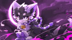  16:9 2024 anthro bell bell_collar biped black_body black_fur collar countershade_fur countershading domestic_cat felid feline felis fur hi_res hlg7777 kemono looking_at_viewer male mammal moon night purple_eyes solo white_body white_countershading white_fur widescreen 