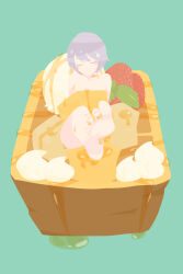  barefoot blue_background bread closed_eyes closed_mouth commentary_request female food fruit full_body grey_hair hara_id_21 highres ice_cream medium_bangs morohoshi_subaru no_lineart nude short_hair simple_background smile soles solo station_memories strawberry syrup toes whipped_cream 