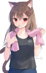  animal_ear_fluff animal_ears black_tank_top blue_shorts blush breasts brown_hair cat_ears cat_girl cat_tail collarbone commentary_request female food-themed_hair_ornament hair_between_eyes hair_ornament long_hair looking_at_viewer mouth_hold nina_(yumoran) original red_eyes shorts simple_background small_breasts solo tail tank_top towel towel_around_neck twitter_username watermelon_hair_ornament white_background yumoran 