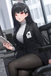  absurdres black_hair black_jacket black_pantyhose black_skirt black_suit blue_archive blush breasts cellphone crossed_legs female hair_ornament hairclip halo highres jacket large_breasts long_hair long_sleeves looking_at_viewer miniskirt open_mouth pantyhose phone pleated_skirt red_eyes ribbed_sweater rio_(blue_archive) ruhee sitting skirt solo suit sweater swivel_chair thighs turtleneck turtleneck_sweater white_sweater 