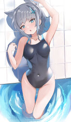  :o animal_ears armpits blue_archive blue_eyes blush breasts collarbone covered_navel cross_hair_ornament dot_nose extra_ears female grey_hair hair_ornament highres medium_breasts no_halo nohohon_neko official_alternate_costume school_swimsuit shiroko_(blue_archive) shiroko_(swimsuit)_(blue_archive) shower_(place) solo swimsuit tile_wall tiles tongue water wolf_ears 