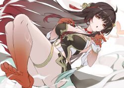  :o ass bare_legs barefoot black_dress black_hair breasts china_dress chinese_clothes cleavage clothing_cutout colored_extremities dress female hair_ornament heart highres honkai:_star_rail honkai_(series) lingsha_(honkai:_star_rail) long_hair medium_breasts multicolored_hair red_feet red_hair red_hands smoke_heart solo stomach_cutout thigh_strap two-tone_hair unfinished wrist_cuffs xfate yellow_eyes 