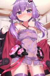  black_jacket dress female highres jacket purple_dress purple_eyes purple_hair standing strapless strapless_dress timtim_(tim99292) tube_dress voiceroid wet wet_clothes wet_dress yuzuki_yukari 