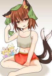  3girls alternate_costume animal_ear_fluff animal_ear_piercing annoyed bare_arms bare_shoulders barefoot between_legs brown_eyes brown_hair casual cat_tail chen commentary_request dot_nose earrings foot_out_of_frame green_towel hair_between_eyes hand_between_legs hand_up jewelry medium_hair midriff multiple_girls multiple_tails nekomata no_headwear oerba_yun_fang open_mouth shaded_face shiromamekei shorts simple_background single_earring sitting solo_focus tail touhou towel towel_on_head two_tails white_background yakumo_ran yakumo_yukari 