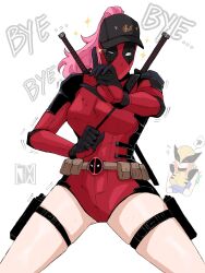  baseball_cap bodysuit cosplay deadpool deadpool_&amp;_wolverine deadpool_(series) gloves gradient_hair green_hair hat highres jasper_xandros marvel mask mori_calliope multicolored_hair orange_hair pink_hair red_bodysuit red_mask superhero_costume sword sword_on_back takanashi_kiara two-tone_bodysuit weapon weapon_on_back wolverine_(x-men) wolverine_(x-men)_(cosplay) x-men yellow_bodysuit 