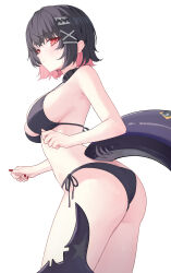  absurdres bikini black_bikini black_choker black_hair blush breasts choker colored_inner_hair ellen_joe female fins fish_tail hair_ornament hairclip highres large_breasts looking_at_viewer multicolored_hair pink_hair red_eyes red_nails shark_tail short_hair simple_background solo suumon swimsuit tail white_background x_hair_ornament zenless_zone_zero 