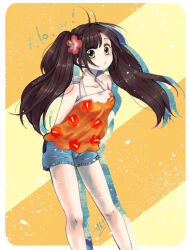  alternate_hairstyle arms_behind_back border brown_hair closed_mouth collarbone commentary_request eiki_(yumekapu) eyelashes female floral_print flower green_eyes hair_flower hair_ornament knees long_hair orange_shirt pokemon pokemon_usum selene_(pokemon) shirt shorts sleeveless sleeveless_shirt solo twintails white_border 